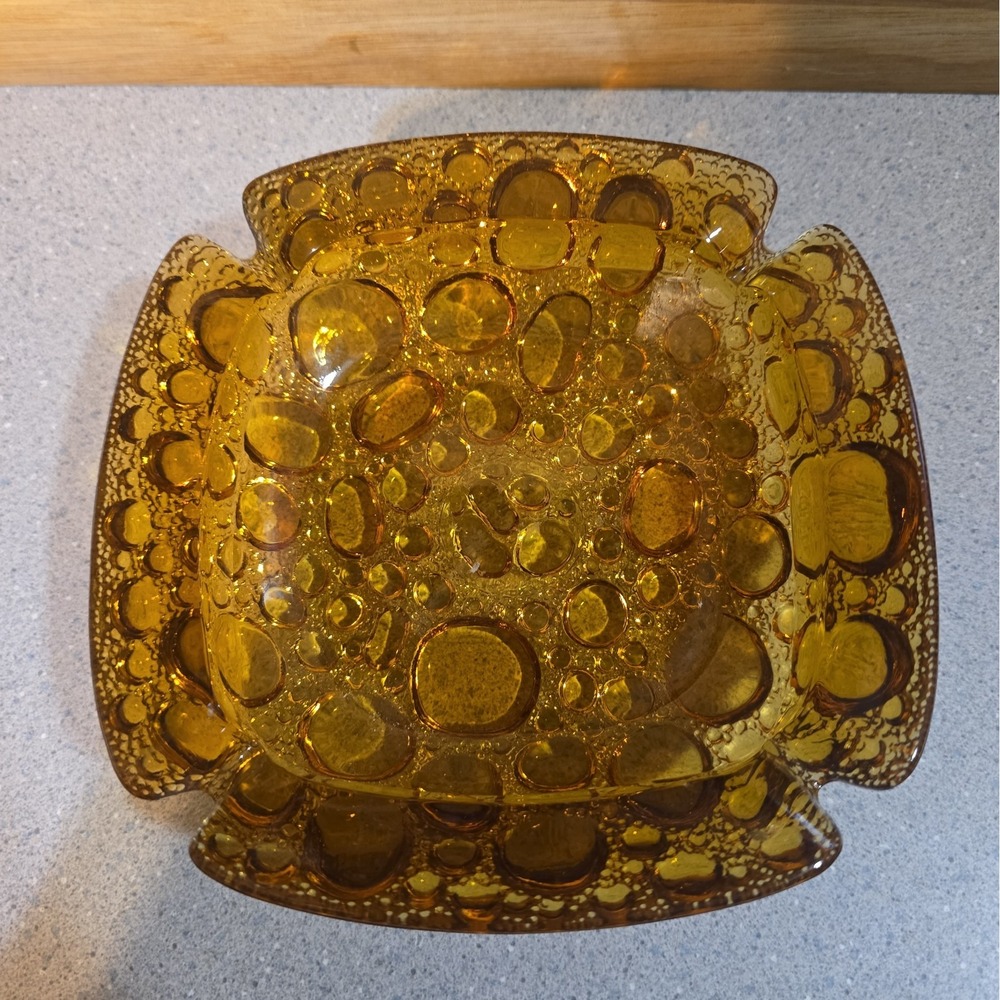 Vintage Mid Century Retro Amber Glass "Bubbles" 6" Ashtray MCM Antique Hippie
